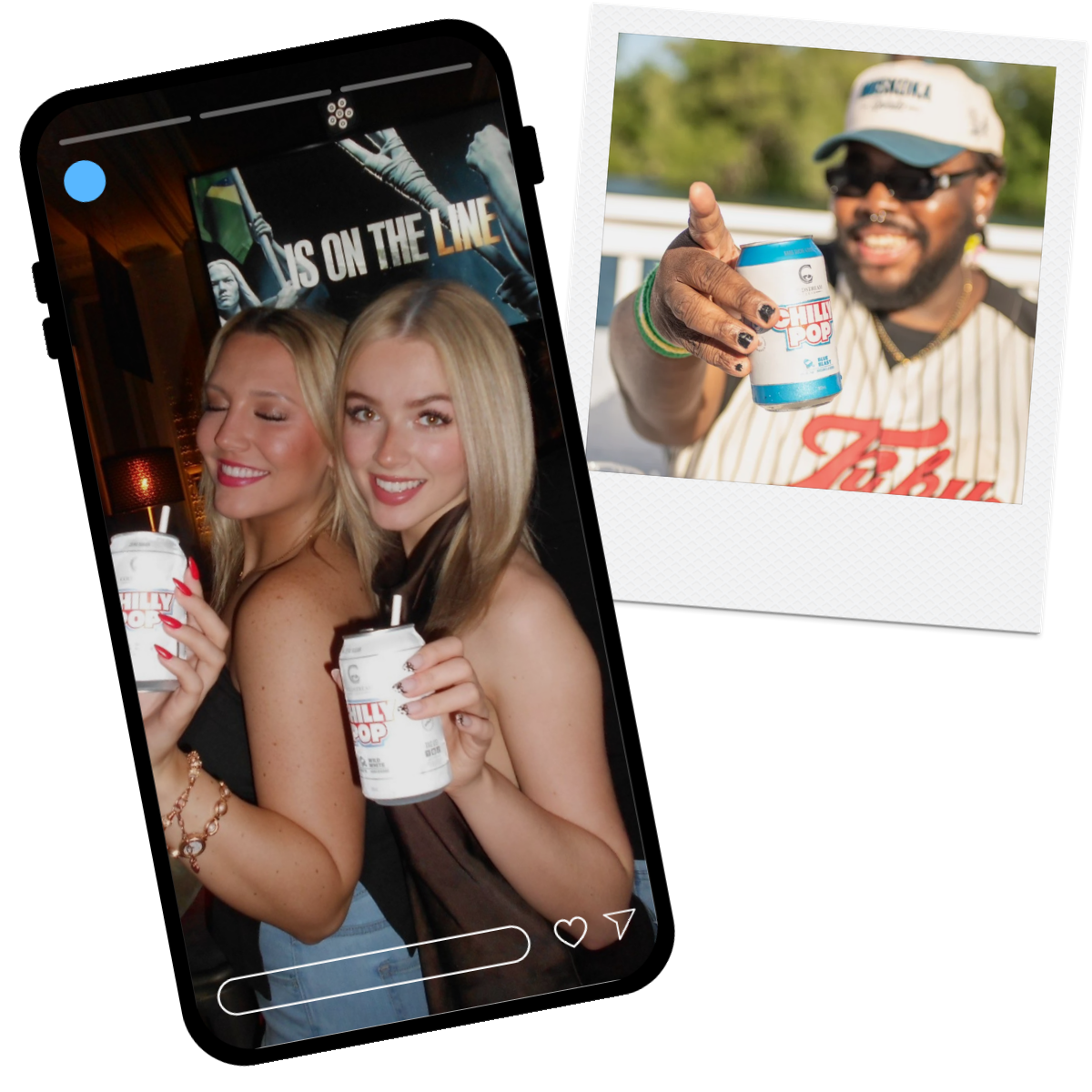 A phone showing an Instagram story of two friends with Chilly Pop cans, beside a polaroid of a fan holding one up.
