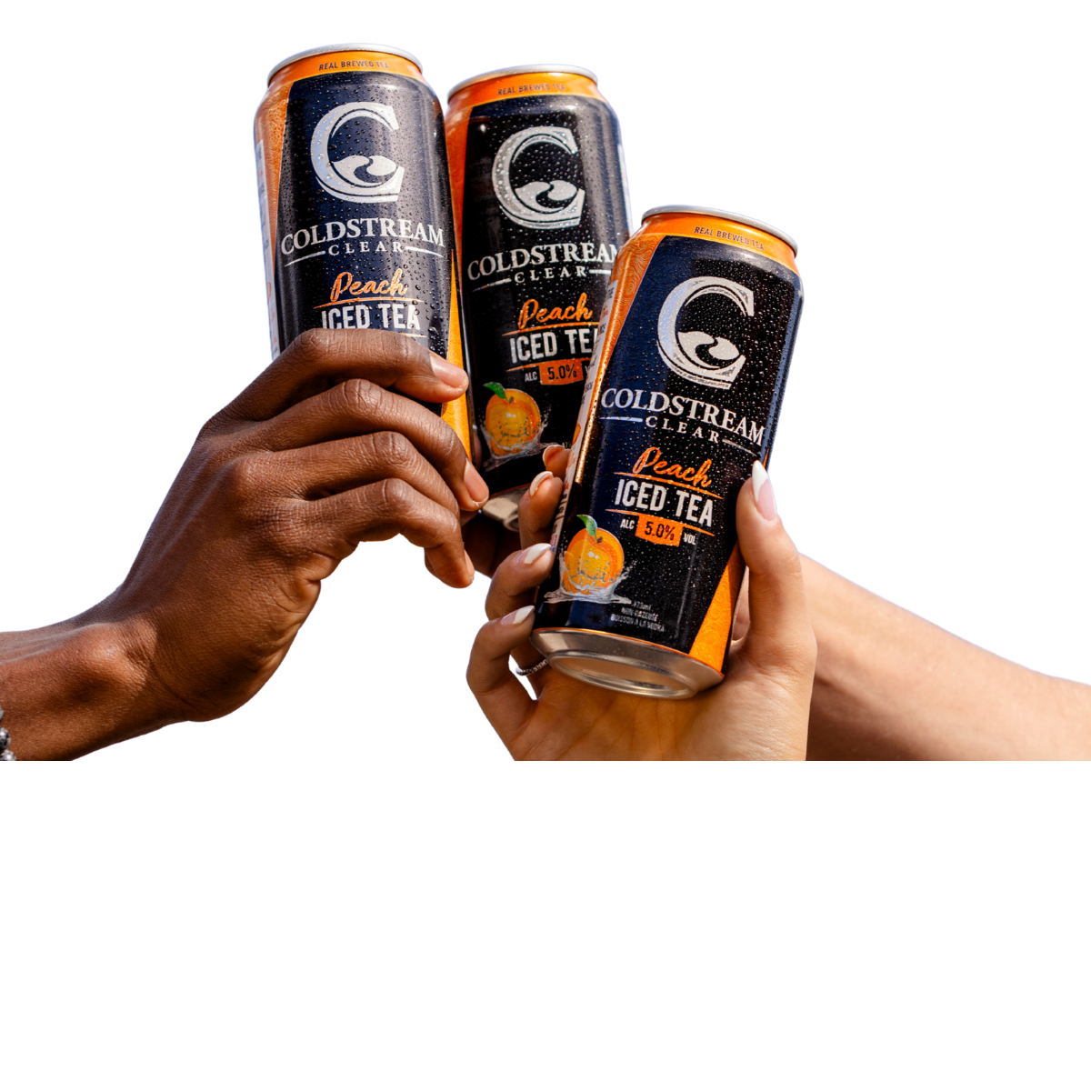 Three hands raising cans of Coldstream Clear Peach Iced Tea in a toast.