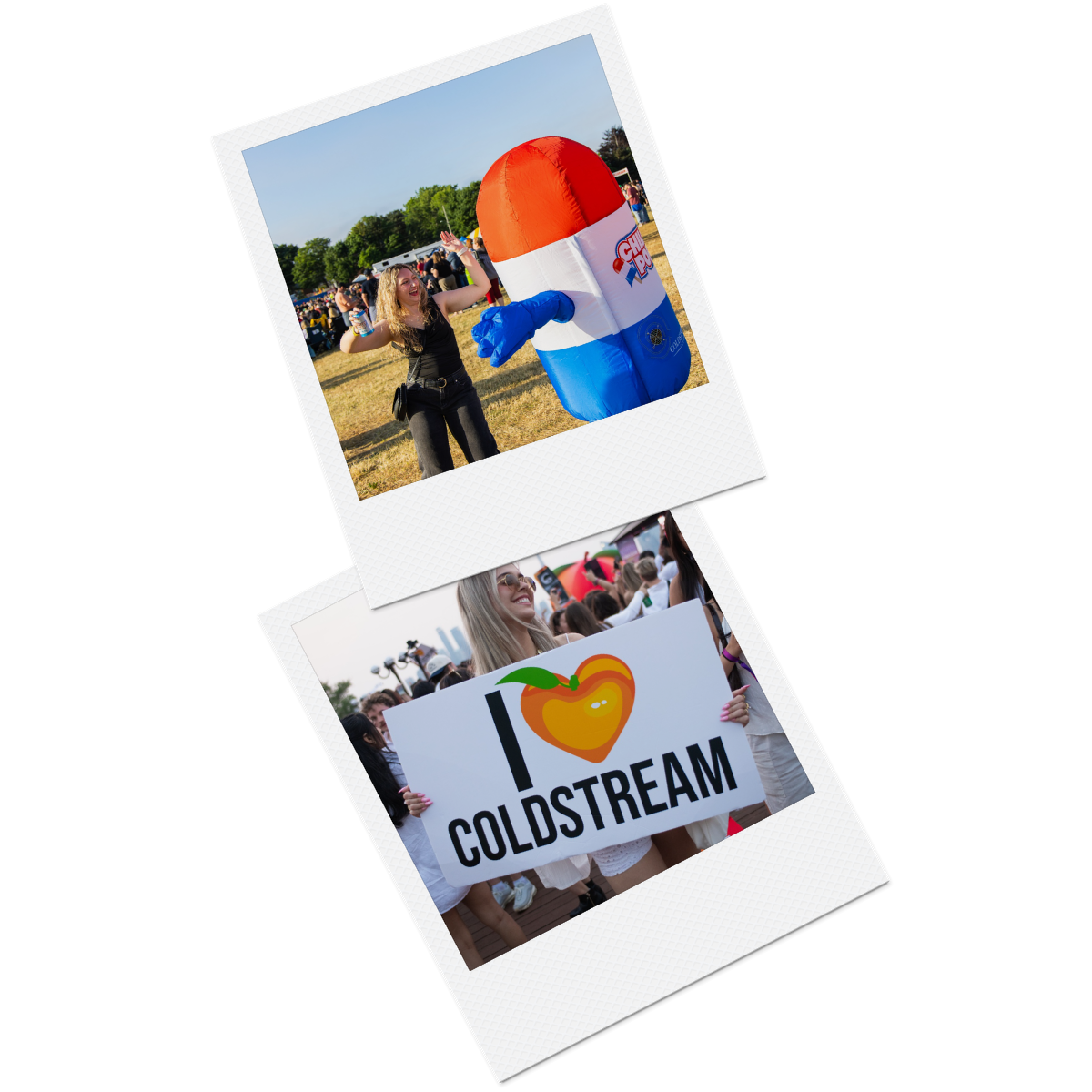 Polaroids of a Coldstream event: a fan high-fiving the inflatable Chilly Pop mascot, and a crowd holding an “I love Coldstream” sign.