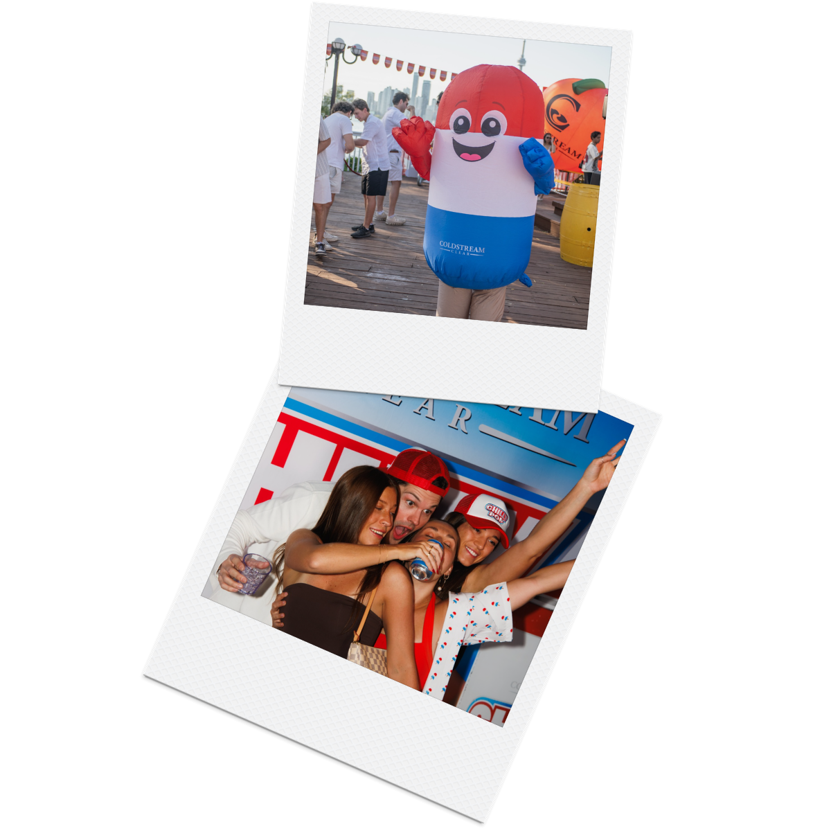 Polaroids of a Coldstream event: the inflatable Coldstream mascot on the boardwalk, and friends celebrating together.